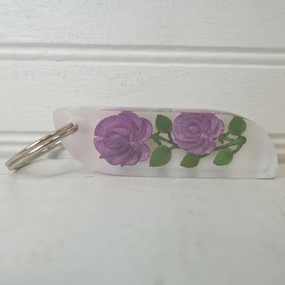 Purple‎ Flower Keychain Bag Charm Two Stem Roses Handmade Resin Fob Holder